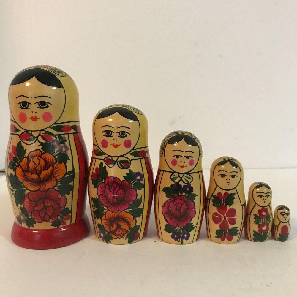 Vintage Russian Matryoshka Painted Wood Carved Nesting Dolls 6 Pieces Red Roses